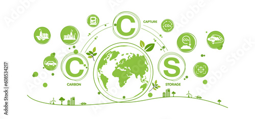 CCS concept, Carbon Capture Storage with icons to drive industry and company to the direction of reduce carbon emissions on green environmental wheel background. Vector illustration and template.