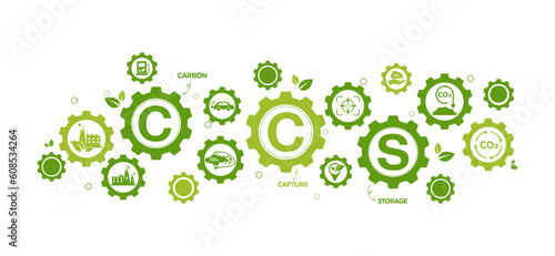 CCS concept, Carbon Capture Storage with icons to drive industry and company to the direction of reduce carbon emissions on green environmental  wheel background. Vector illustration and template.