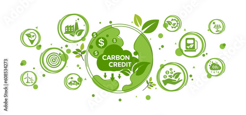 The concept of carbon credit with icons. Tradable certificate to drive industry and company to the direction of low emissions and carbon offset solution. Green vector illustration template. 
