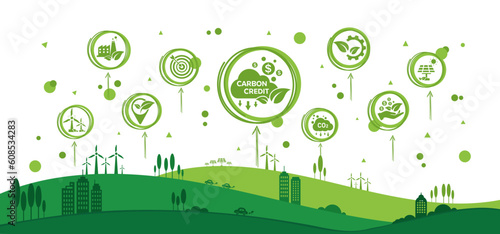 The concept of carbon credit with icons. Tradable certificate to drive industry and company to the direction of low emissions and carbon offset solution. Green vector illustration template. 