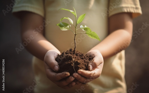 Children holding young plant in hands against spring green background. Ecology concept. Earth day. Generative AI