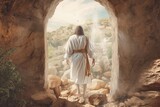 Jesus Leaving Empty Tomb, Easter. Easter Jesus Christ rose from the dead. Sunday morning. The empty tomb in the background of the crucifixion. Happy easter. Generative AI