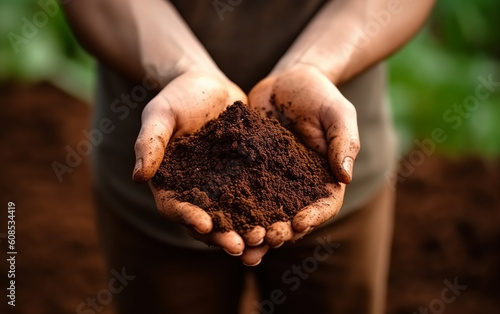 Farmer holding soil in hands close-up. Male hands touching soil on the field. Agriculture, gardening or ecology concept. Generative AI