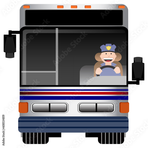 An image of the front view of a bus with driver.