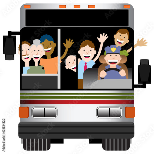 An image of the front view of a bus with driver and passengers