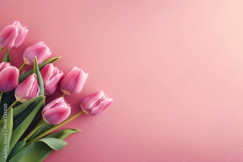 Flat Lay Style Top View of Pink Background with Spring Tulip Flowers - Perfect for Women's Day, Mother's Day, or Spring Sale Banners, Generative AI.