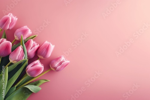 Flat Lay Style Top View of Pink Background with Spring Tulip Flowers - Perfect for Women's Day, Mother's Day, or Spring Sale Banners, Generative AI. © ParinApril