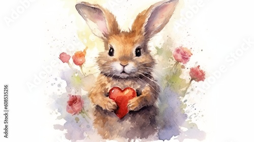 A cute rabbit holding a heart in a watercolor painting. Generative ai