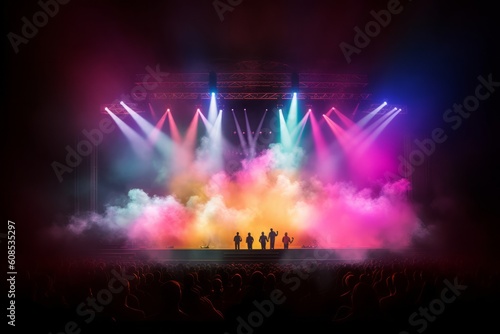 Enchanting Theater Ambiance: Concert Stage Illuminated by Vibrant Spotlights and Smoke Effects, Generative AI.