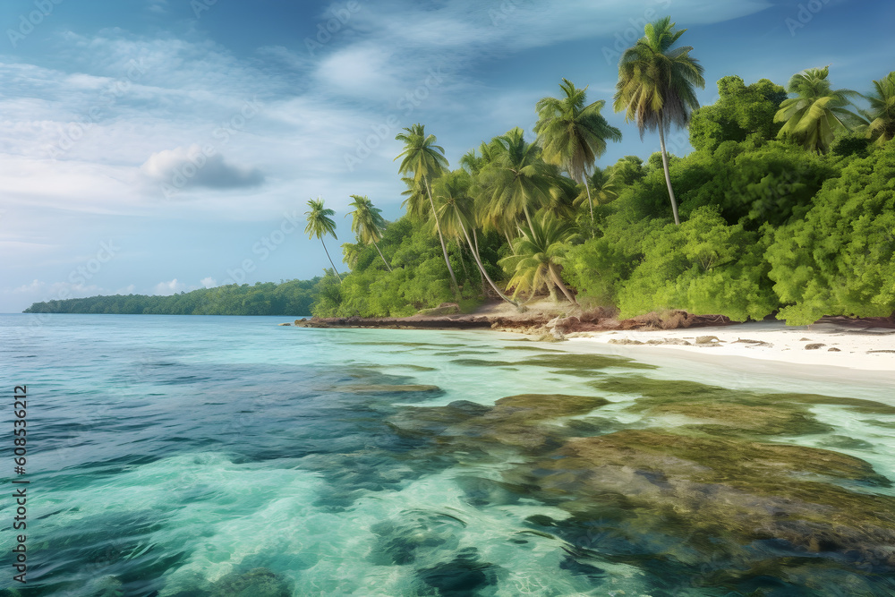Beautiful tropical island with palm trees and beach panoramic
