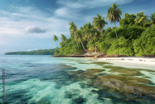 Beautiful tropical island with palm trees and beach panoramic © sam