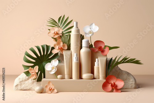 Beige step podium on light beige background for cosmetics presentation with tropical monstera plants. Cosmetic, beauty product promotion mockup. Generative AI