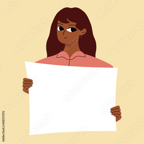 Pretty brunette swowing empty presentation, holding blank placard photo