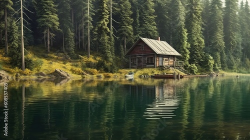 A rustic cabin surrounded by trees in a forest setting. Generative ai