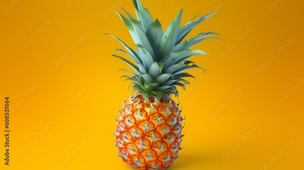 A ripe pineapple with green leaves against a sunny yellow background. Generative ai