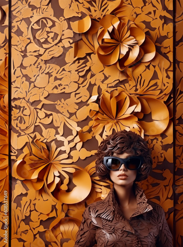 Mujer con gafas oscuras en flores de origami con tonos naranjas y cafés, imagen creada en IA generativa photo