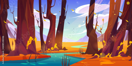 River in autumn forest and mountain nature vector cartoon landscape. Falling leaves from tree scene and beautiful stream near meadow. Orange grass and woods panoramic wilderness environment backdrop © klyaksun