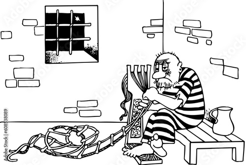 Prisoner is going to escape from jail with homemade ladder
