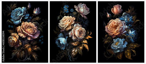 Set of fantasy chic vintage wallpaper of a rococo blooms flowers dreamy intricate details retro,generative ai