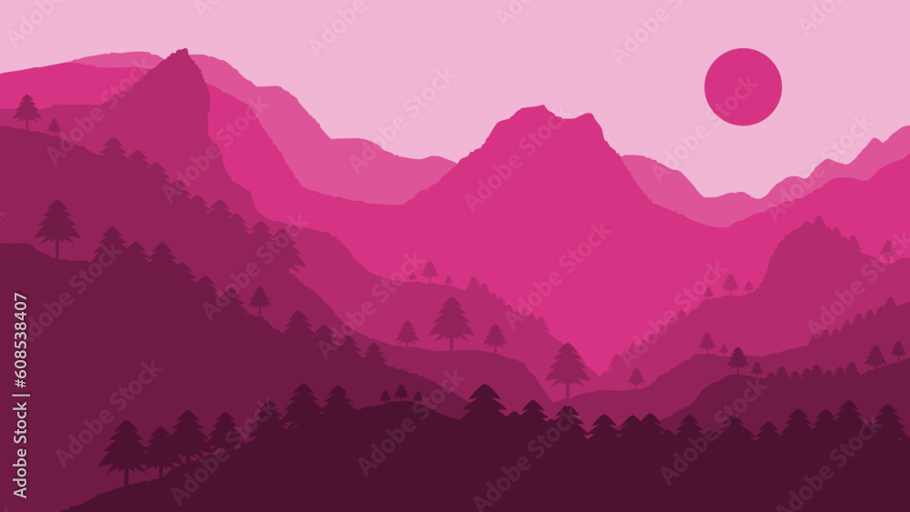 Beautiful abstract landscape of forest and mountains drawn in flat style. Suitable for poster, banner, flyer and home wall decoration