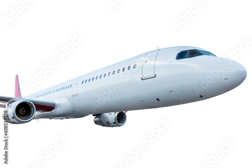 Close-up passenger jet plane fly isolated on white background