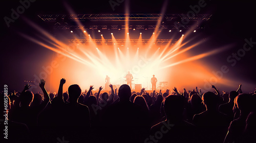 Vibrant Energy Unleashed Silhouettes of Concert Crowd Amidst Dazzling Stage Lights. created with Generative AI