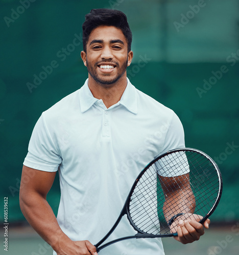 Sports, tennis and portrait of happy man with racket, fitness mindset and confidence for game on court. Workout goals, pride and happiness, male athlete with motivation for health, wellness and sport