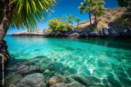 Blue lagoon with palm tree and turquoise blue water