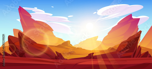 Rock desert cartoon vector landscape background. Canyon boulder formation panoramic game illustration. Dry wild empty rocky cliff construction in utah usa. American wilderness scene with sun light ray