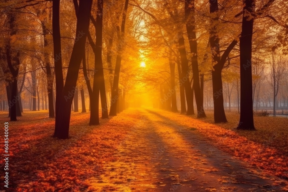 Fototapeta premium Autumn forest path. Orange color tree, red brown maple. Generative AI