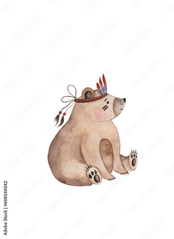 Fototapeta premium watercolor illustration teddy bear, bear cub, Indian, boho, for children on a transparent background. cute teddy bear for stickers, wall stickers. enjoy