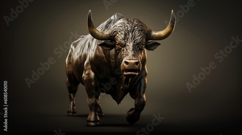 A powerful bull with massive horns in full gallop through a vast open field. Generative ai