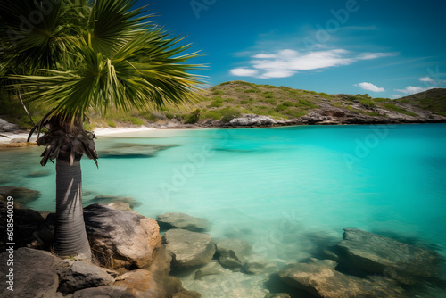Blue lagoon with palm tree and turquoise blue water © sam