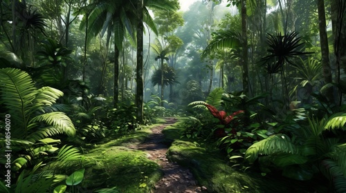 A dense forest with towering trees and lush vegetation. Generative ai