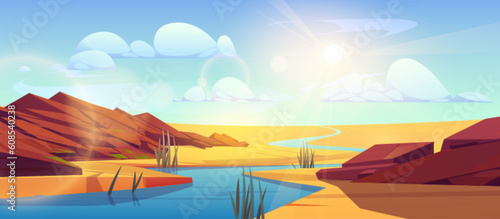 River flowing through Sahara desert. Vector cartoon illustration of hot sandy dunes landscape, stones on bank, green plants growing near water, sunlight flaring in air, blue sky with white clouds