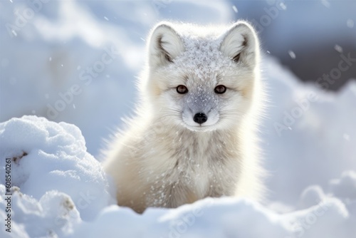 Baby Arctic fox Vulpes lagopus in snow habitat winter. Generative AI