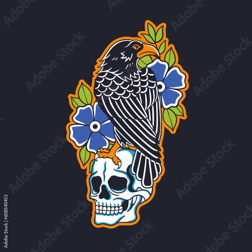 Hand drawn illustration of crow and skull