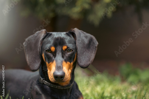 A cute dachshund in a  lush spring garden