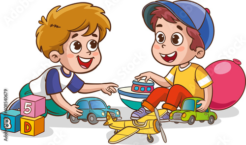 cute little kids playing with toys together vector