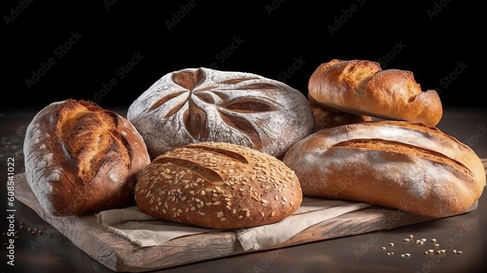 A variety of breads arranged on a wooden cutting board. Generative ai