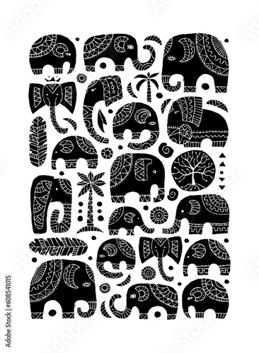 Elephant family, black silhouette art. Ethnic ornament for your design