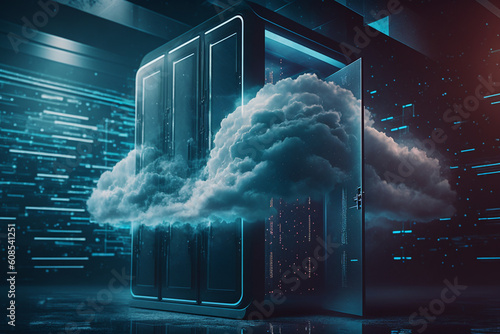 Beautiful abstract Digital cloud data server with nebula dust. Cloud technology. Cloud computing, big data center, future infrastructure, digital ai concept. Server room data center storage.