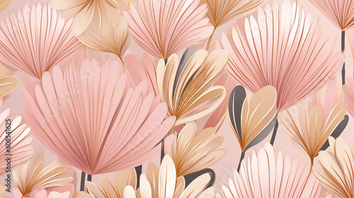 Floral seamless pastel pink and golden metallic plant. 