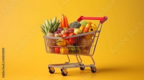 A shopping cart overflowing with bright and colorful fruits of all kinds. Generative ai