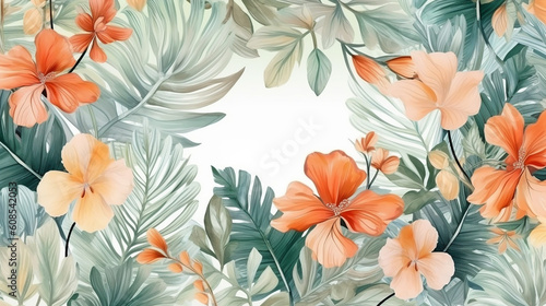 Line floral and tropical leaf with watercolor flower