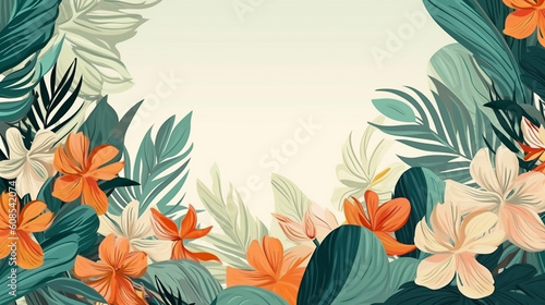Line floral and tropical leaf with watercolor flower. 
