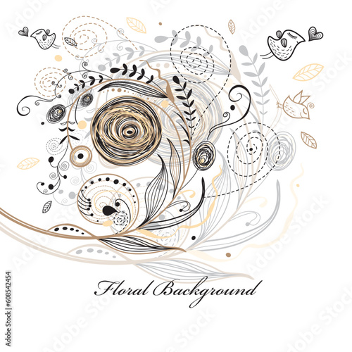 graphic floral background with birds on white