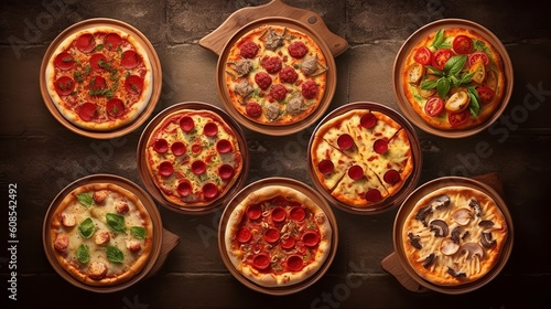 Six delicious pizzas on top of baking pans. Generative ai