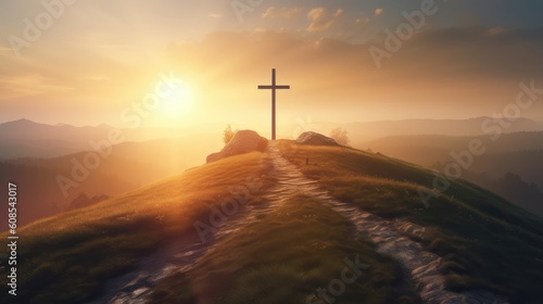 Path with stairs leading to Christian cross on hill. Happy easter. Christian symbol of faith. Generative AI