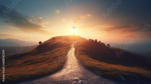 Canvas Print Path with stairs leading to Christian cross on hill